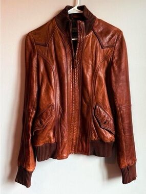 Vintage Puebla Cognac leather Bomber Jacket With Western Yoke